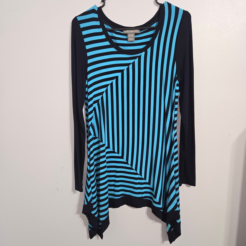 S#32 KATE & MALLORY Blue Black Stripe Asymmetrical Hem‎ Tunic Top Size S